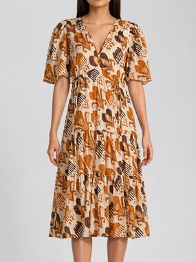 Kobi Halperin Dena Tiered Ikat Print Midi Dress M Boho Orange Floral